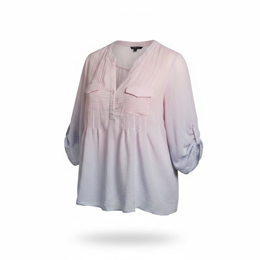 Zac & Rachel Blouse Women 3X Pink Blue Ombre Roll Tab Sleeve Boho Coastal Top
